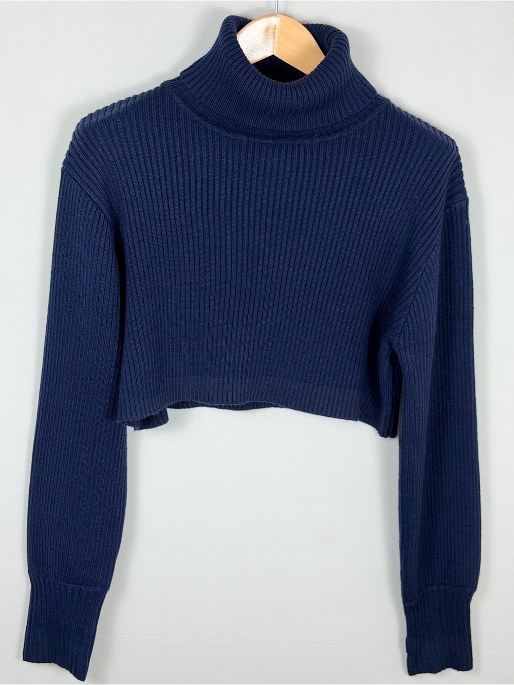 Bailey Rose Oversized Fit Ribbed Cropped Turtleneck Sweater Navy Size S Preppy